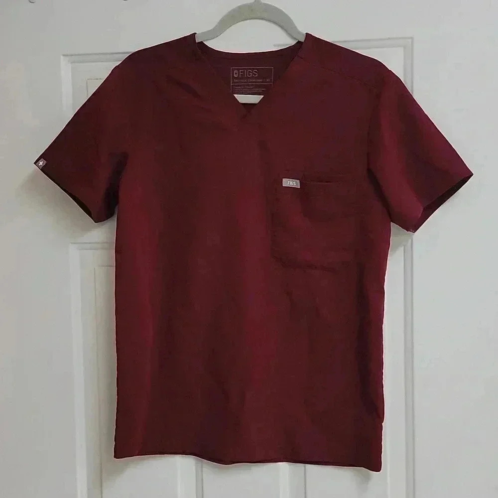 Figs Caterina One Pocket Scrub Top in Burgundy
